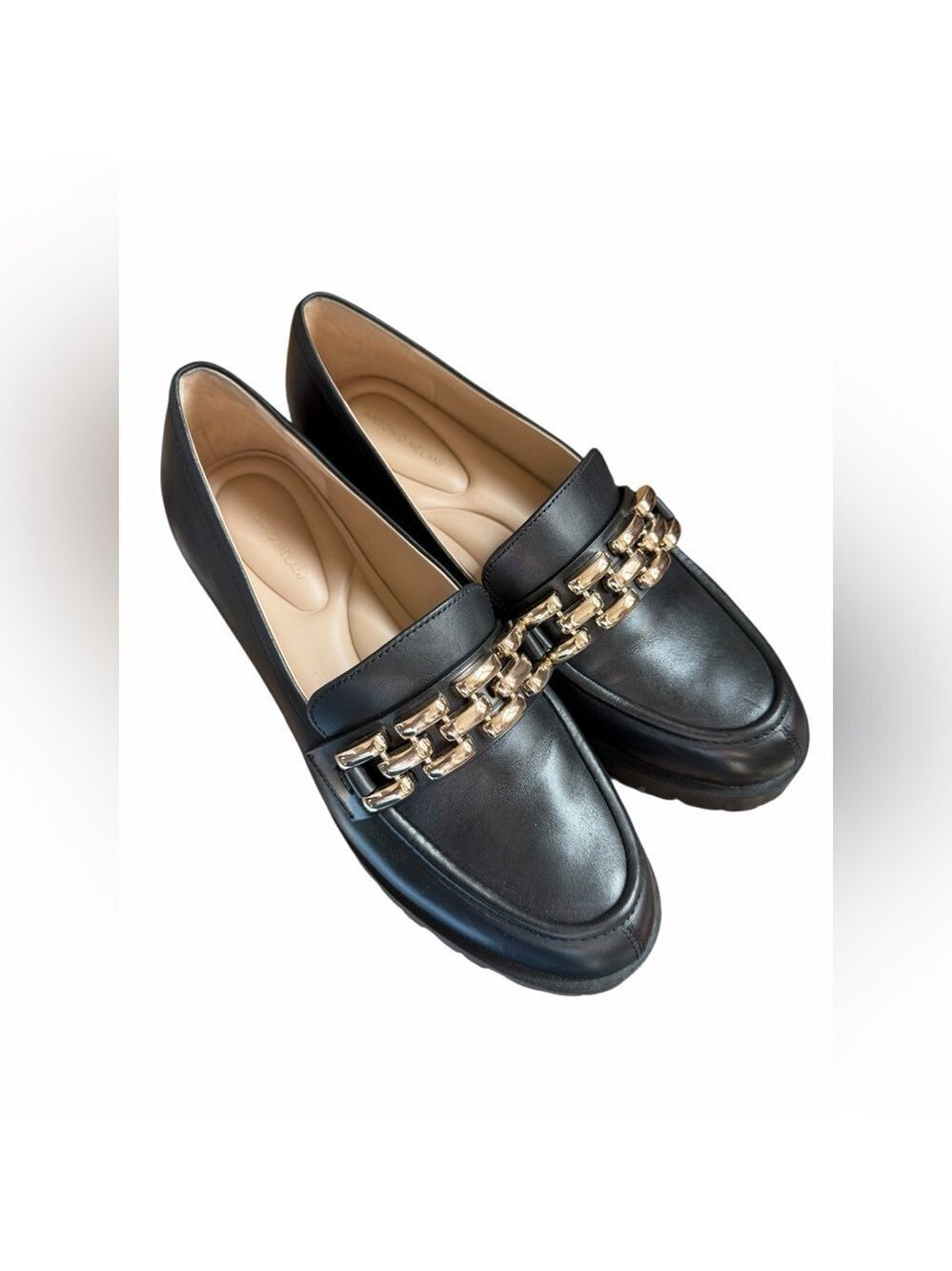 Antonio Melani Brookelyn Loafer Black Leather Chain-Trim Women's Loafers EUC 9